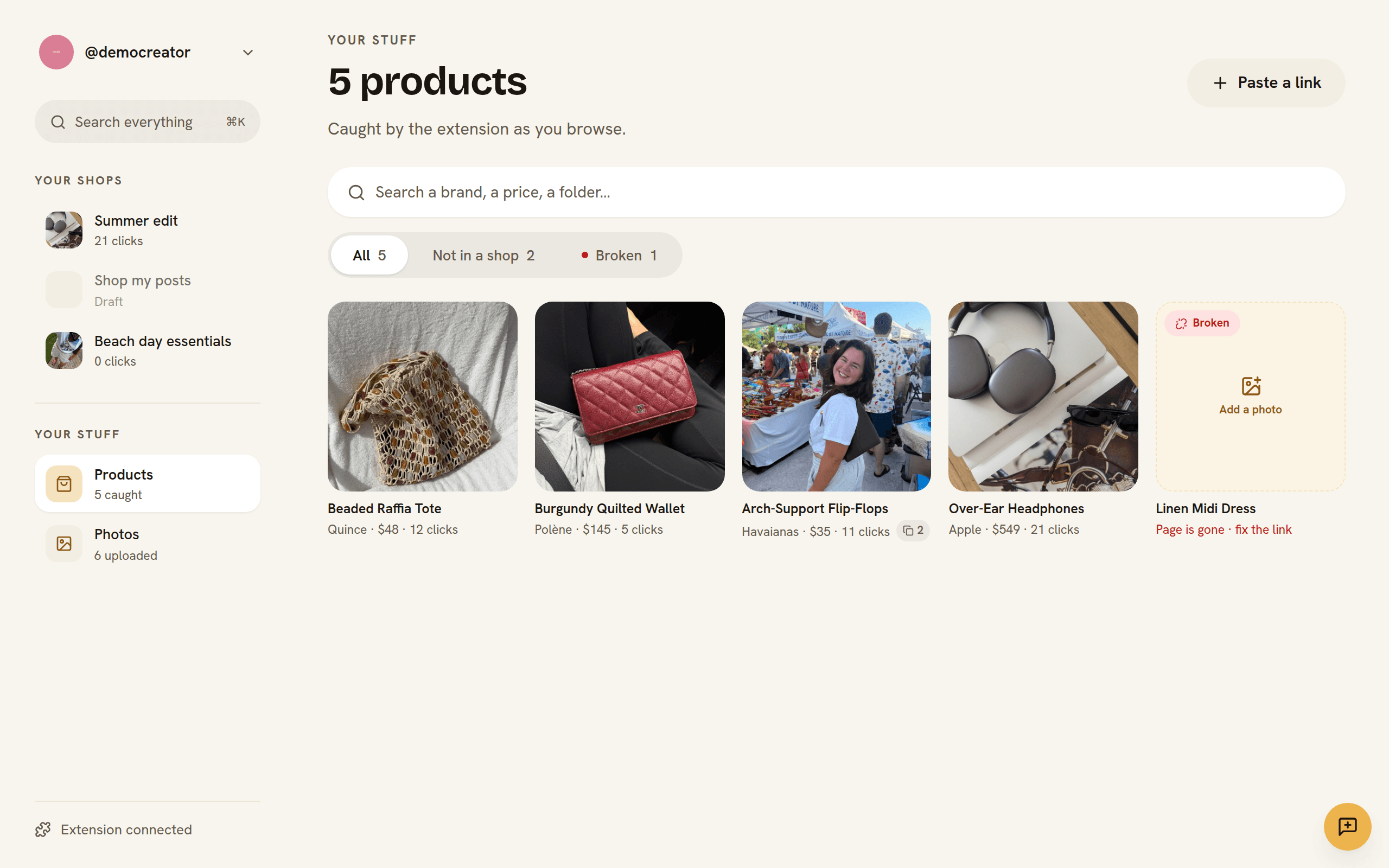 The Shopfolio library: captured product photos sorted into folders, with the product list beside them.